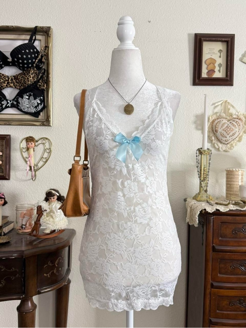 dainty coquette angelic sheer white lace halter slip dress | size S